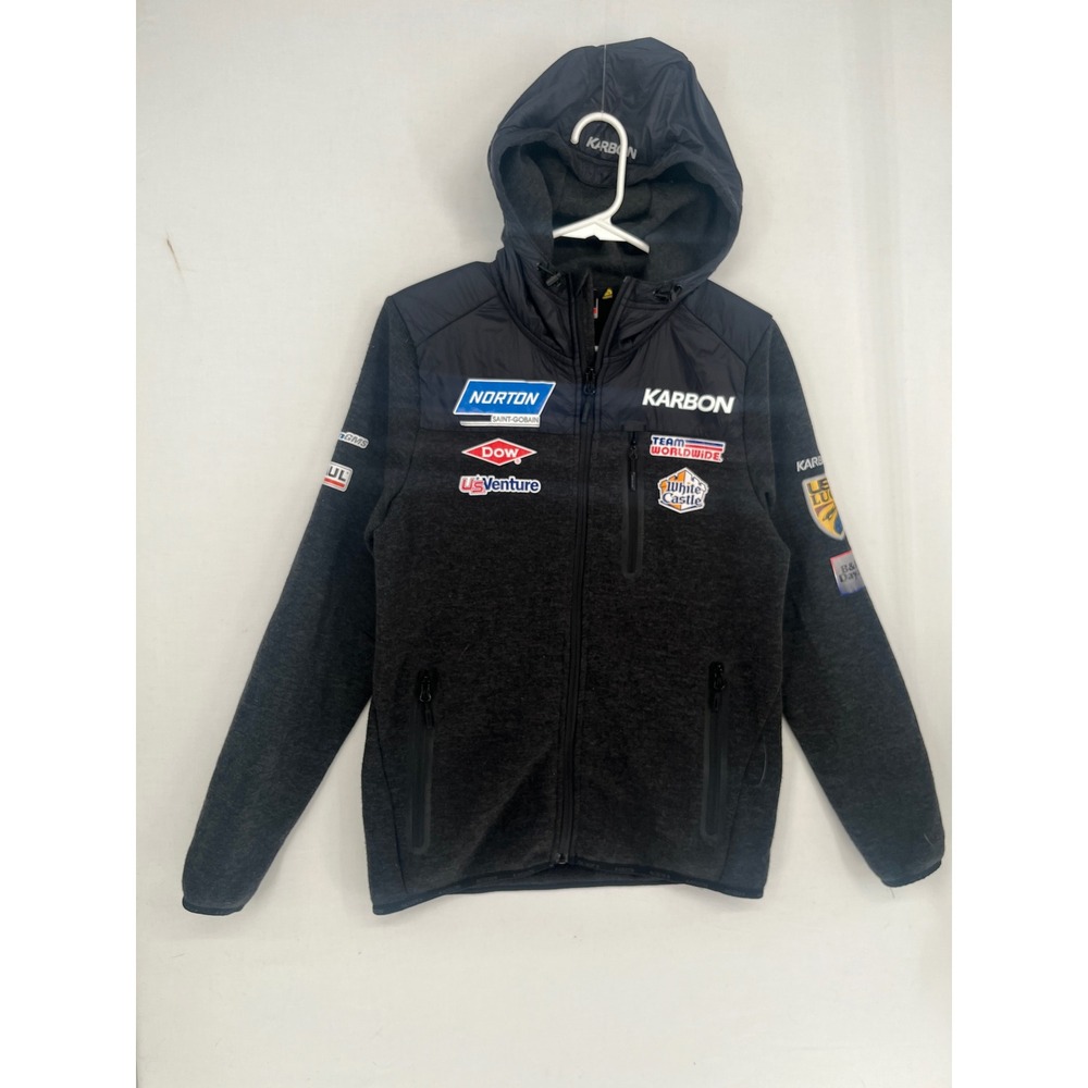 Karbon USA Luge Team Jacket Full Zip Hooded Sponsor Patches Gray Black XS